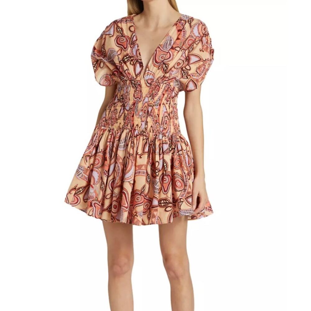 A.L.C. Luna Printed Pleated Mini Dress Sz 8 Nude Peach Orange Multi 100% Cotton